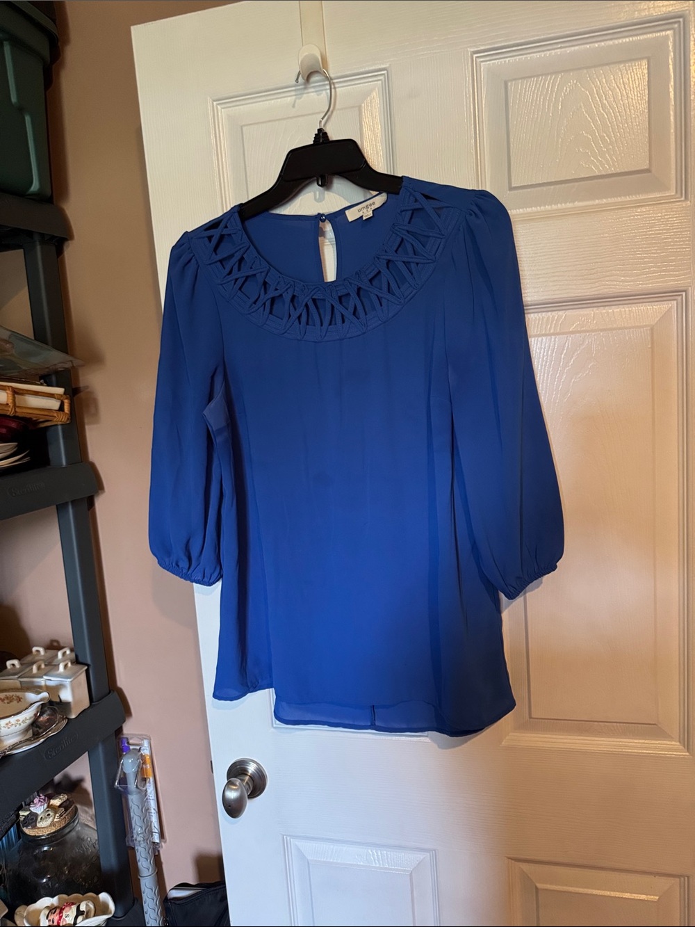 Women's Blue Woven Neck Blouse - Elegant Work & Evening Top